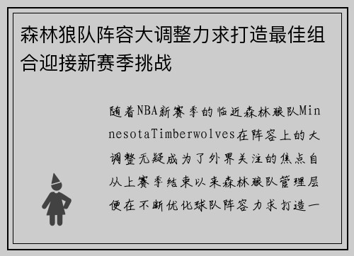 森林狼队阵容大调整力求打造最佳组合迎接新赛季挑战