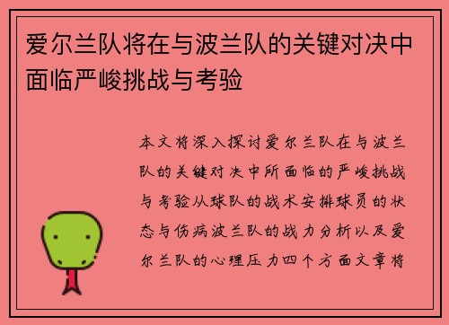 爱尔兰队将在与波兰队的关键对决中面临严峻挑战与考验