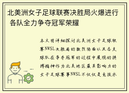 北美洲女子足球联赛决胜局火爆进行 各队全力争夺冠军荣耀