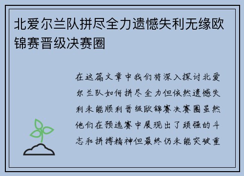 北爱尔兰队拼尽全力遗憾失利无缘欧锦赛晋级决赛圈
