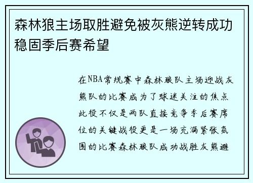 森林狼主场取胜避免被灰熊逆转成功稳固季后赛希望