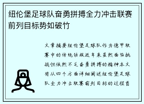 纽伦堡足球队奋勇拼搏全力冲击联赛前列目标势如破竹