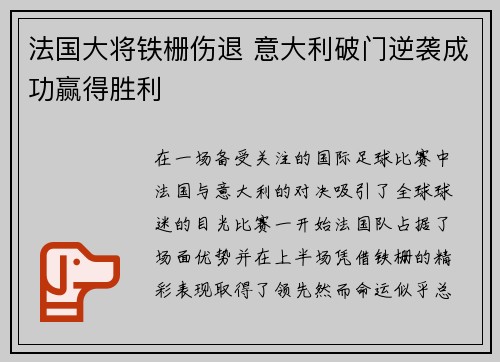 法国大将铁栅伤退 意大利破门逆袭成功赢得胜利