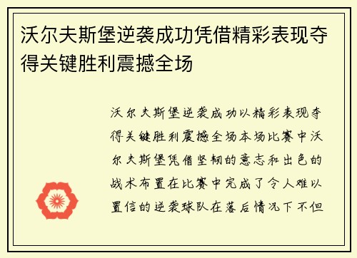 沃尔夫斯堡逆袭成功凭借精彩表现夺得关键胜利震撼全场