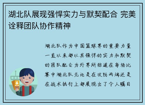 湖北队展现强悍实力与默契配合 完美诠释团队协作精神