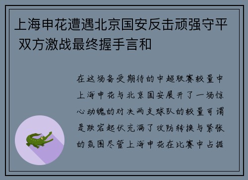 上海申花遭遇北京国安反击顽强守平 双方激战最终握手言和