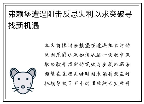 弗赖堡遭遇阻击反思失利以求突破寻找新机遇